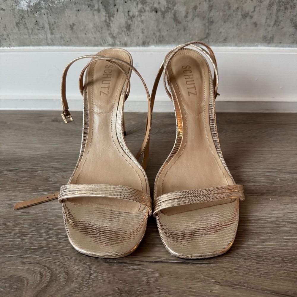 SCHUTZ Altina Metallic Embossed Leather Sandals
